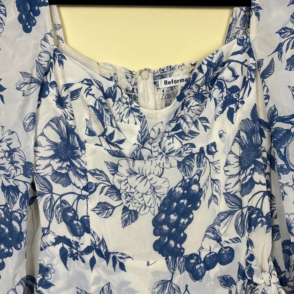 REFORMATION Cammi Mini Dress Corsica Blue Women Size 4 Floral Long Sleeve Garden - Picture 4 of 12